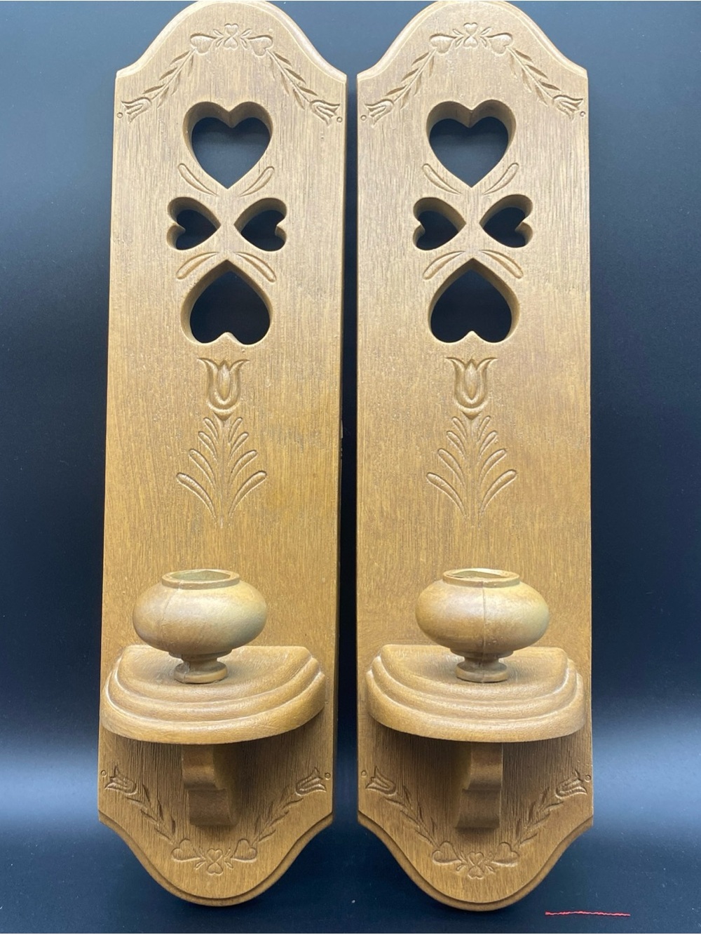 Wood Wall Sconces with Heart Cutouts - Burwood Plastic 1986 Made In USA